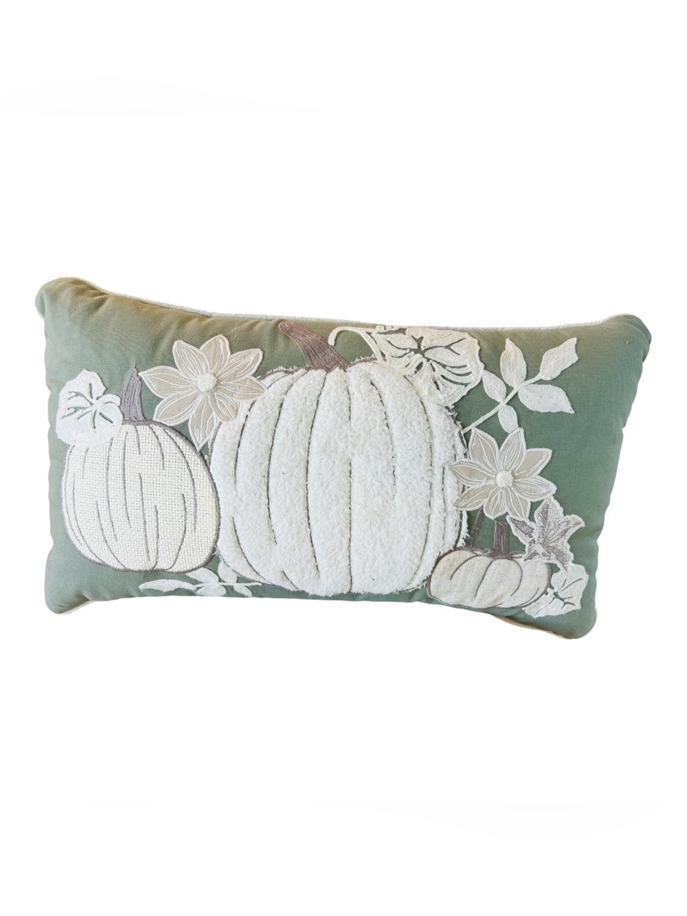 Sage Green Embroidered Pumpkin Fall Lumbar Throw Pillow 20x14 Autumn Decor